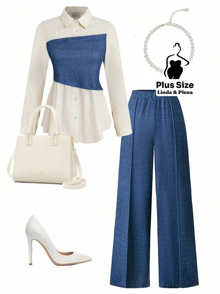 Conjunto Camisa Manga Longa E Calça Pantalona Plus Size Azul / G Conjunto Camisa Manga Longa E Calça Pantalona Plus Size