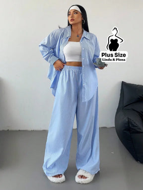 Conjunto Camisa Manga Longa E Calça Pantalona Plus Size Azul / G Conjunto Camisa Manga Longa E Calça Pantalona Plus Size