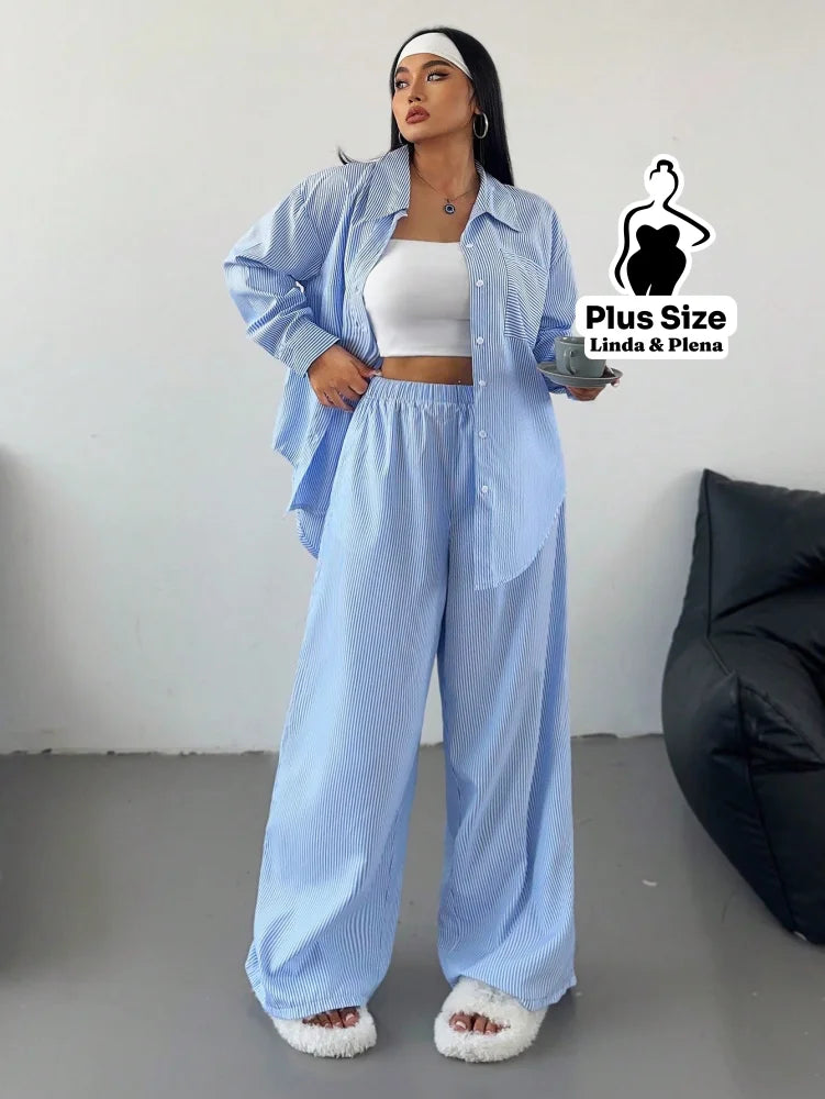 Conjunto Camisa Manga Longa E Calça Pantalona Plus Size Azul / G Conjunto Camisa Manga Longa E Calça Pantalona Plus Size
