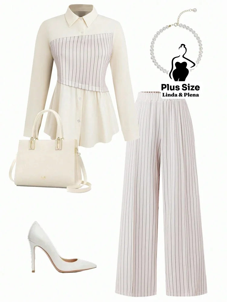 Conjunto Camisa Manga Longa E Calça Pantalona Plus Size Caqui / G Conjunto Camisa Manga Longa E Calça Pantalona Plus