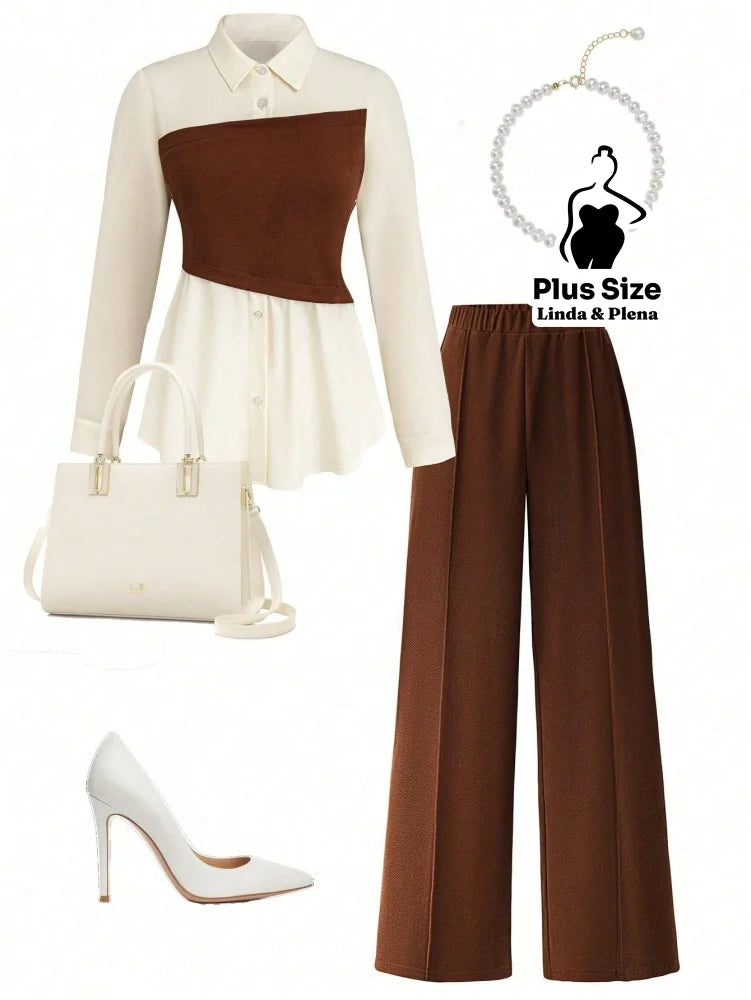 Conjunto Camisa Manga Longa E Calça Pantalona Plus Size Castanho / G Conjunto Camisa Manga Longa E Calça Pantalona Plus