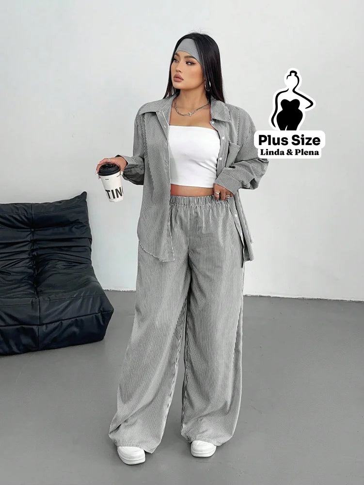 Conjunto Camisa Manga Longa E Calça Pantalona Plus Size Preto / G Conjunto Camisa Manga Longa E Calça Pantalona Plus
