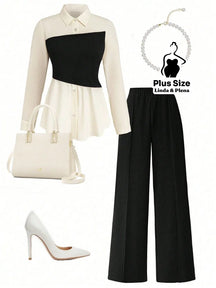 Conjunto Camisa Manga Longa E Calça Pantalona Plus Size Preto / G Conjunto Camisa Manga Longa E Calça Pantalona Plus