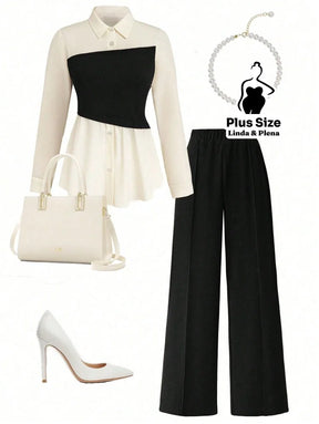 Conjunto Camisa Manga Longa E Calça Pantalona Plus Size Preto / G Conjunto Camisa Manga Longa E Calça Pantalona Plus