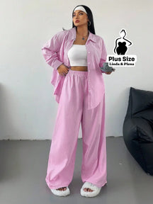 Conjunto Camisa Manga Longa E Calça Pantalona Plus Size Rosa / G Conjunto Camisa Manga Longa E Calça Pantalona Plus Size