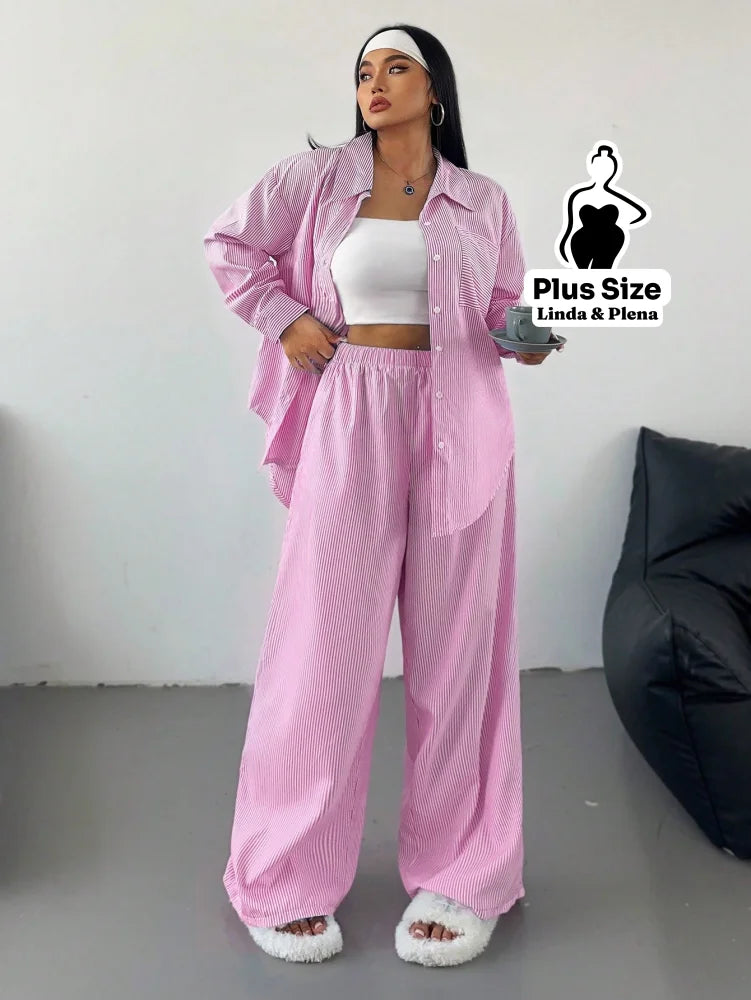 Conjunto Camisa Manga Longa E Calça Pantalona Plus Size Rosa / G Conjunto Camisa Manga Longa E Calça Pantalona Plus Size