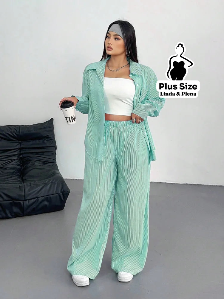 Conjunto Camisa Manga Longa E Calça Pantalona Plus Size Verde / G Conjunto Camisa Manga Longa E Calça Pantalona Plus