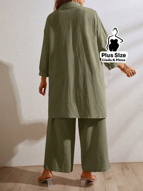 Conjunto Camisa Oversized E Calça Solta Em Algodão Plus Size Conjunto Camisa Oversized E Calça Solta Em Algodão Plus