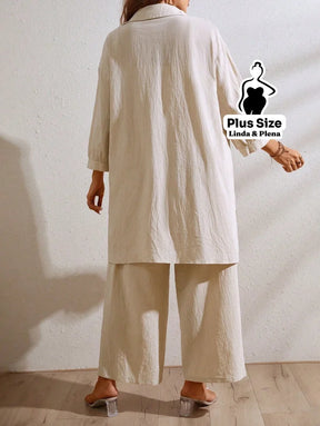 Conjunto Camisa Oversized E Calça Solta Em Algodão Plus Size Conjunto Camisa Oversized E Calça Solta Em Algodão Plus