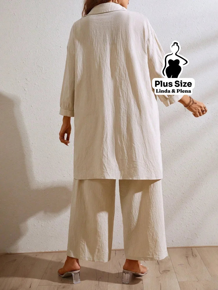 Conjunto Camisa Oversized E Calça Solta Em Algodão Plus Size Conjunto Camisa Oversized E Calça Solta Em Algodão Plus