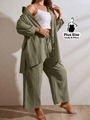 Conjunto Camisa Oversized E Calça Solta Em Algodão Plus Size Conjunto Camisa Oversized E Calça Solta Em Algodão Plus