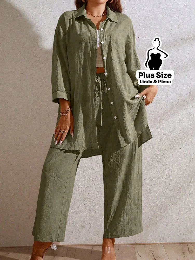Conjunto Camisa Oversized E Calça Solta Em Algodão Plus Size Verde Militar / G Conjunto Camisa Oversized E Calça Solta