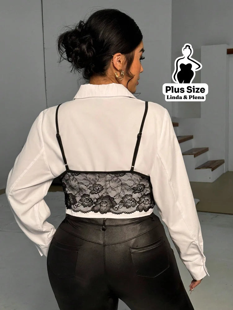 Conjunto Camisa Social Com Cropped Renda E Calça Plus Size Conjunto Camisa Social Com Cropped Renda E Calça Plus Size