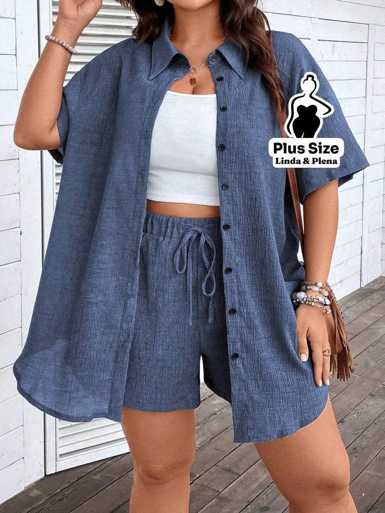 Conjunto Camisa Social Com Short Soltinho Plus Size Azul Empoeirado / G Conjunto Camisa Social Com Short Soltinho Plus