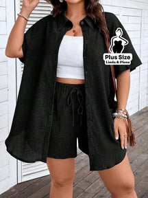 Conjunto Camisa Social Com Short Soltinho Plus Size Preto / G Conjunto Camisa Social Com Short Soltinho Plus Size