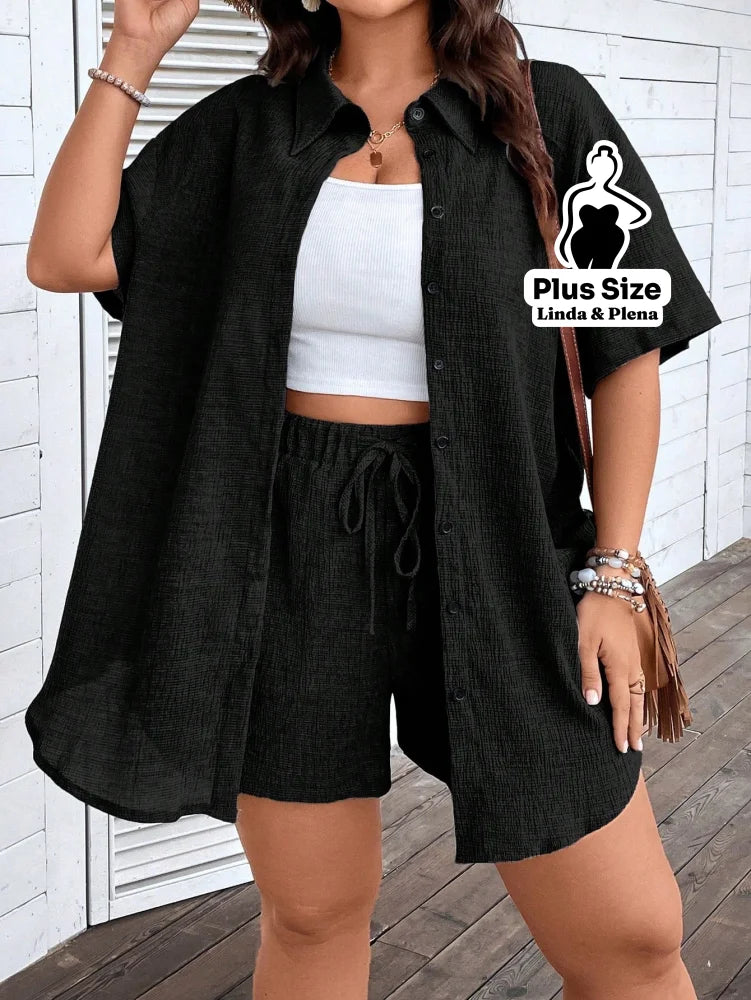 Conjunto Camisa Social Com Short Soltinho Plus Size Preto / G Conjunto Camisa Social Com Short Soltinho Plus Size