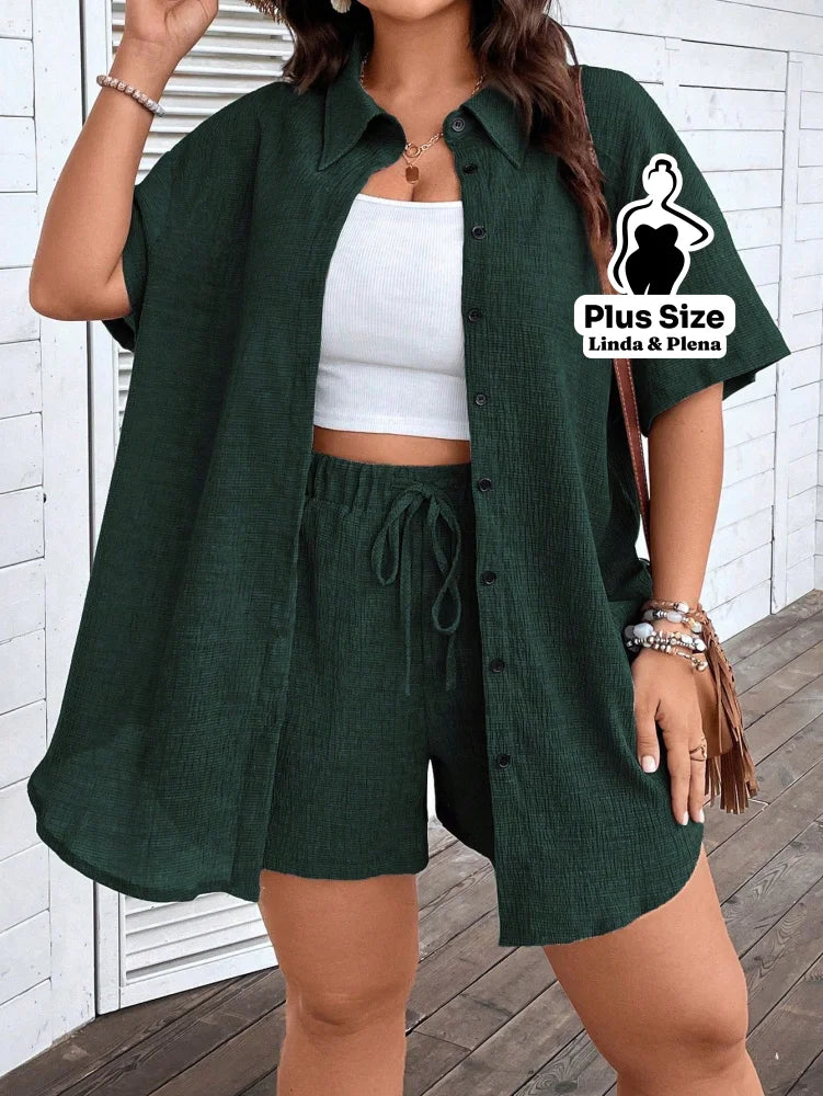 Conjunto Camisa Social Com Short Soltinho Plus Size Verde Escuro / G Conjunto Camisa Social Com Short Soltinho Plus Size
