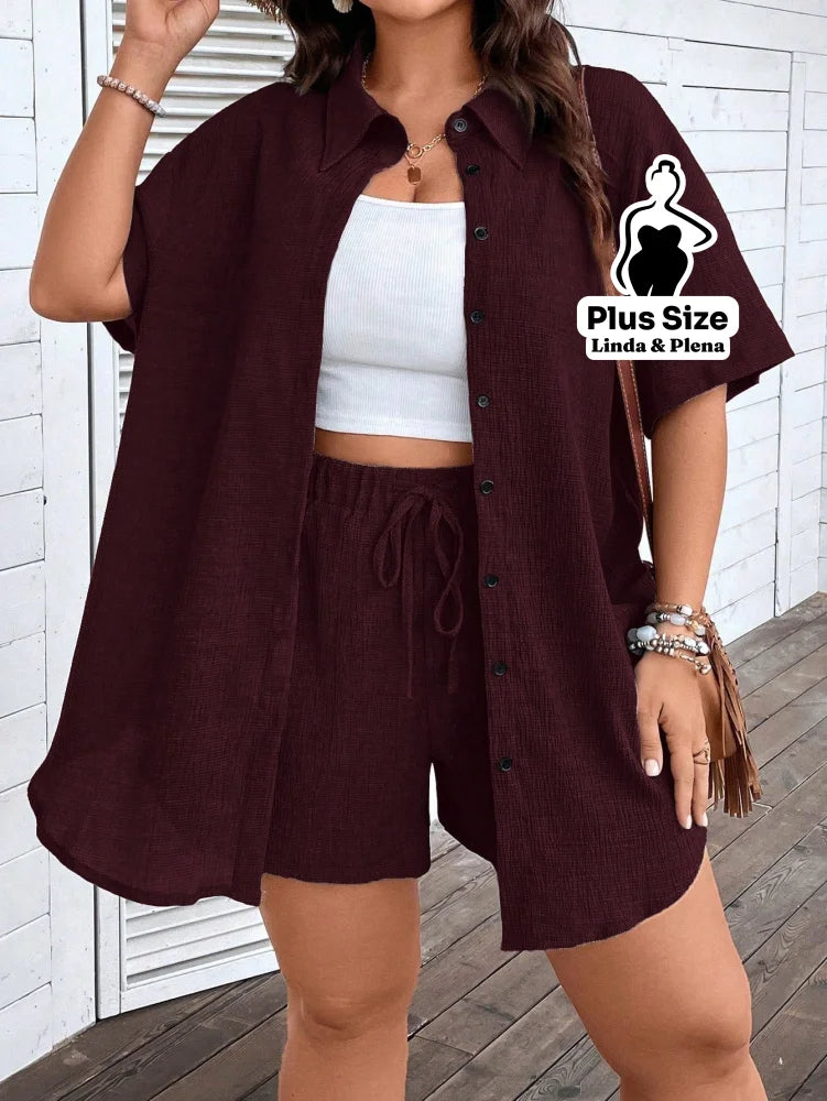 Conjunto Camisa Social Com Short Soltinho Plus Size Vinho / G Conjunto Camisa Social Com Short Soltinho Plus Size