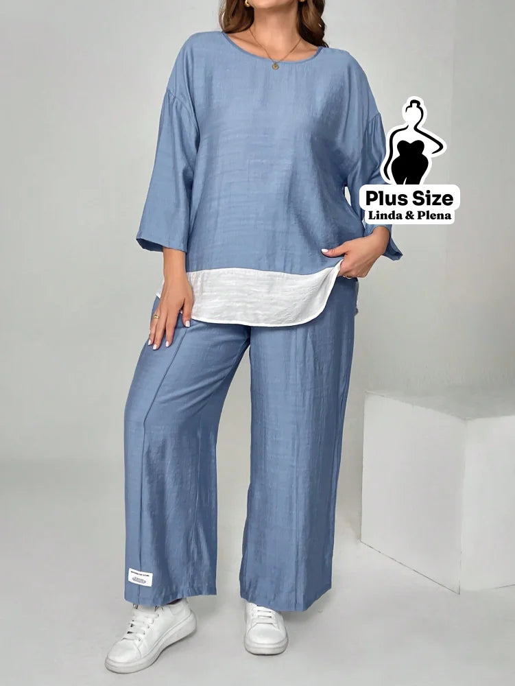 Conjunto Camisa Solta E Calça Reta Confortável Plus Size Azul / G Conjunto Camisa Solta E Calça Reta Confortável Plus