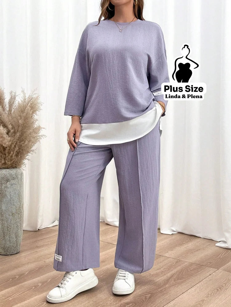 Conjunto Camisa Solta E Calça Reta Confortável Plus Size Roxo / G Conjunto Camisa Solta E Calça Reta Confortável Plus