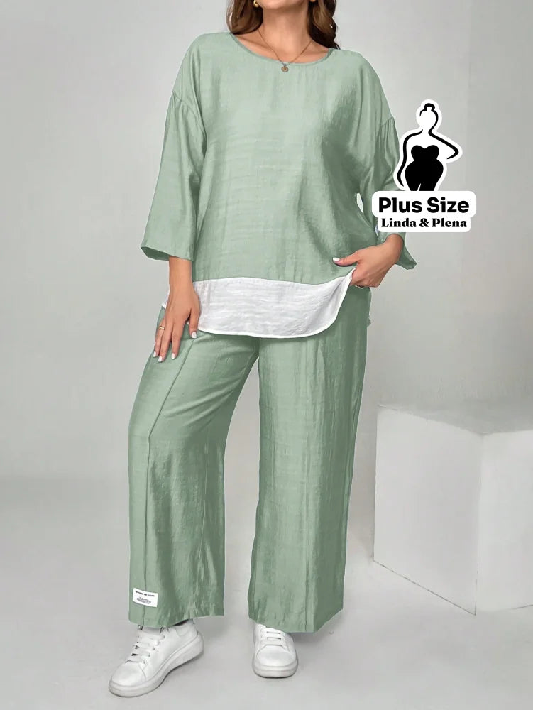 Conjunto Camisa Solta E Calça Reta Confortável Plus Size Verde / G Conjunto Camisa Solta E Calça Reta Confortável Plus