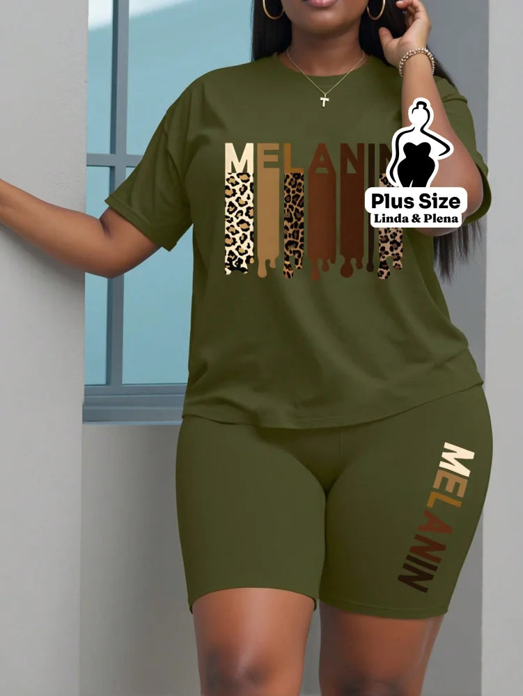Conjunto Camiseta Estampada E Bermuda Cintura Alta Plus Size Verde Militar / G Conjunto Camiseta Estampada E Bermuda
