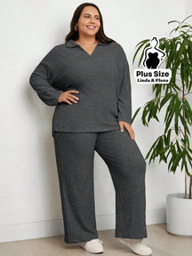 Conjunto Canelado com Blusa de Gola V e Calça Solta Plus Size Chumbo / G Conjunto Canelado com Blusa de Gola V e Calça