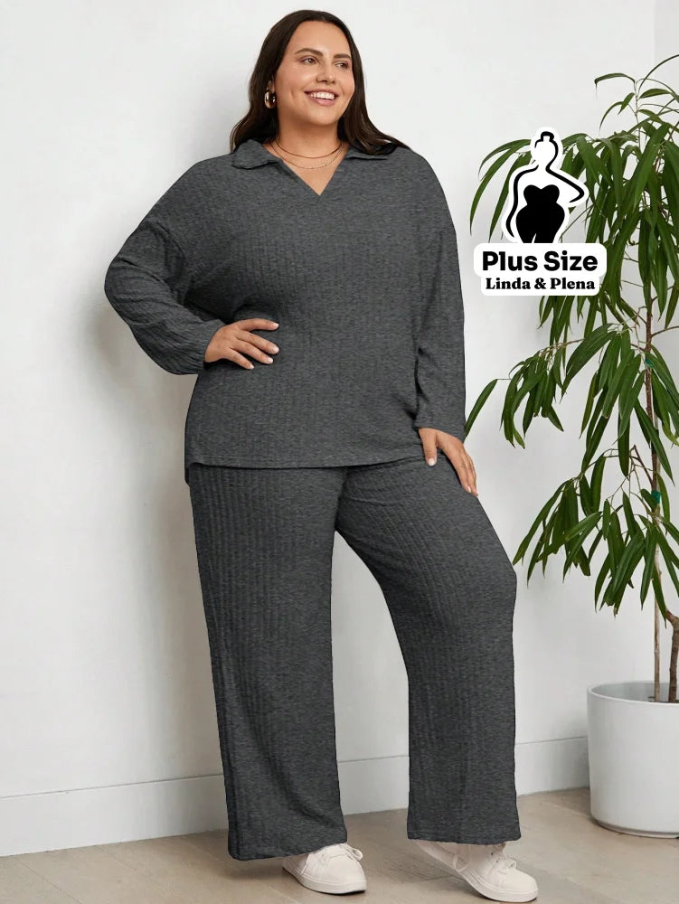 Conjunto Canelado com Blusa de Gola V e Calça Solta Plus Size Chumbo / G Conjunto Canelado com Blusa de Gola V e Calça