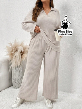 Conjunto Canelado com Blusa de Gola V e Calça Solta Plus Size Damasco / G Conjunto Canelado com Blusa de Gola V e Calça