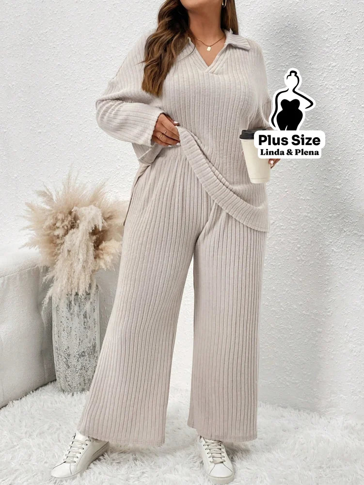 Conjunto Canelado com Blusa de Gola V e Calça Solta Plus Size Damasco / G Conjunto Canelado com Blusa de Gola V e Calça