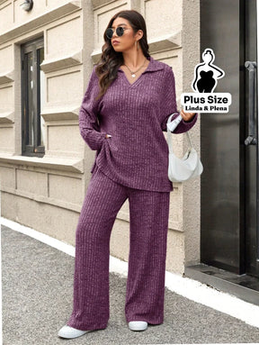 Conjunto Canelado com Blusa de Gola V e Calça Solta Plus Size Roxo / G Conjunto Canelado com Blusa de Gola V e Calça