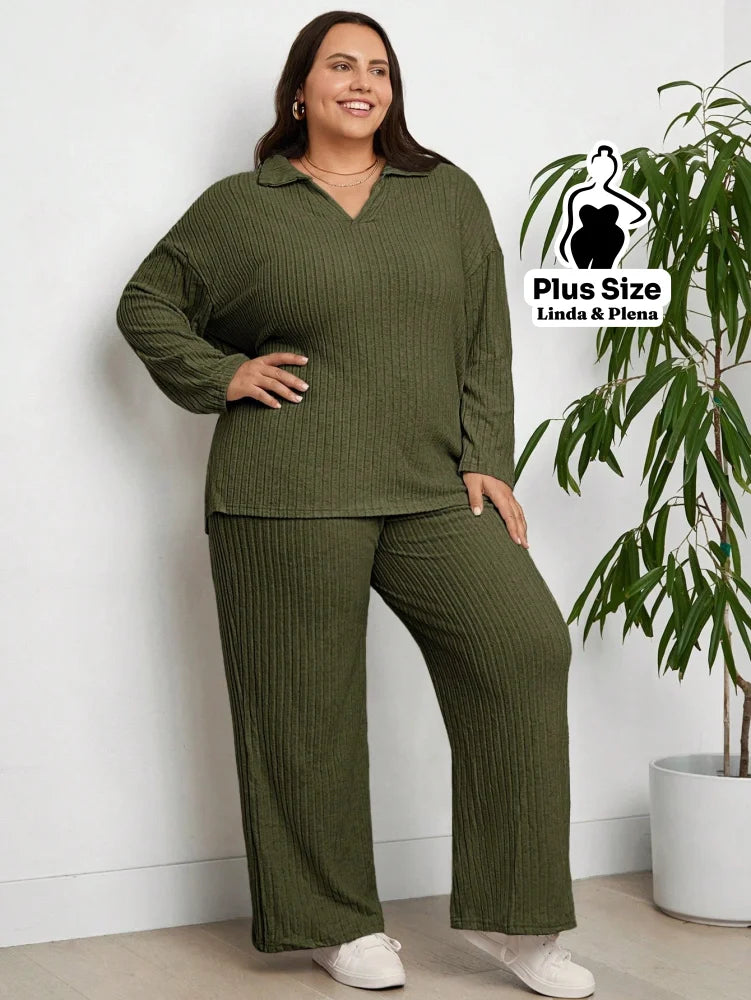 Conjunto Canelado com Blusa de Gola V e Calça Solta Plus Size Verde Militar / G Conjunto Canelado com Blusa de Gola V e
