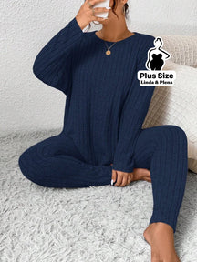 Conjunto Canelado com Blusa de Manga Longa e Calça Plus Size Azul Marinho / G Conjunto Canelado com Blusa de Manga