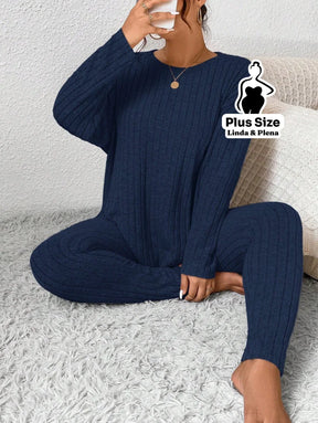 Conjunto Canelado com Blusa de Manga Longa e Calça Plus Size Azul Marinho / G Conjunto Canelado com Blusa de Manga