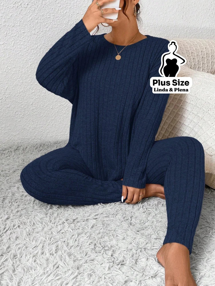 Conjunto Canelado com Blusa de Manga Longa e Calça Plus Size Azul Marinho / G Conjunto Canelado com Blusa de Manga