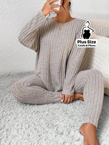 Conjunto Canelado com Blusa de Manga Longa e Calça Plus Size Damasco / G Conjunto Canelado com Blusa de Manga Longa e