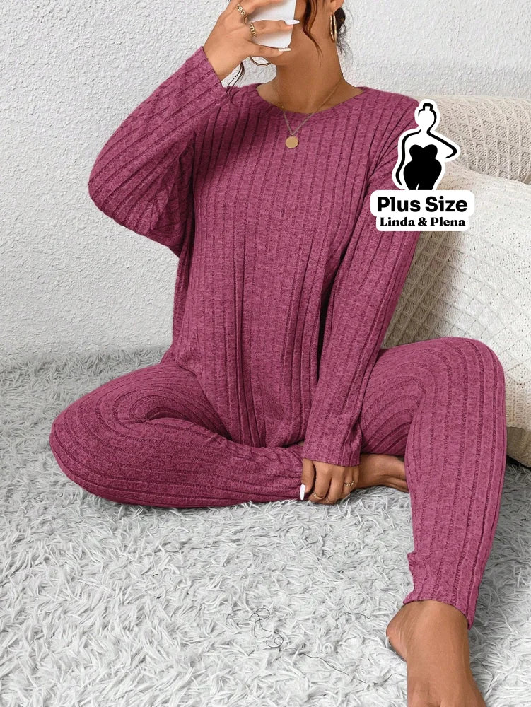 Conjunto Canelado com Blusa de Manga Longa e Calça Plus Size Pink / G Conjunto Canelado com Blusa de Manga Longa e