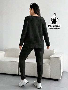 Conjunto Canelado Com Blusa Gola V E Manga Longa Plus Size Conjunto Canelado Com Blusa Gola V E Manga Longa Plus Size