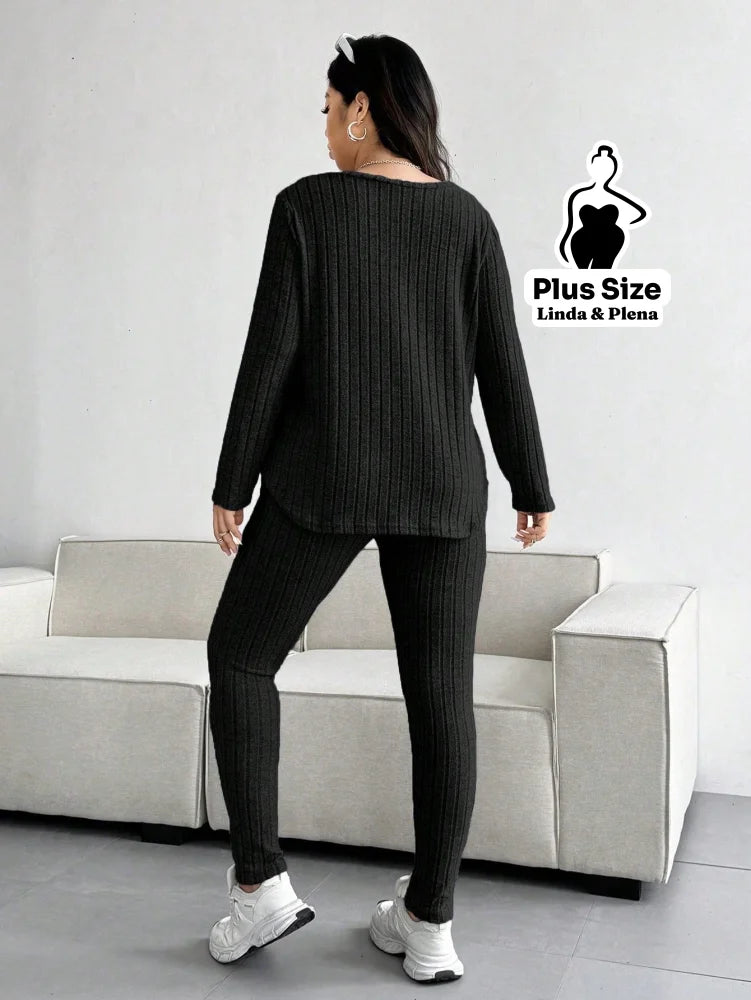 Conjunto Canelado Com Blusa Gola V E Manga Longa Plus Size Conjunto Canelado Com Blusa Gola V E Manga Longa Plus Size