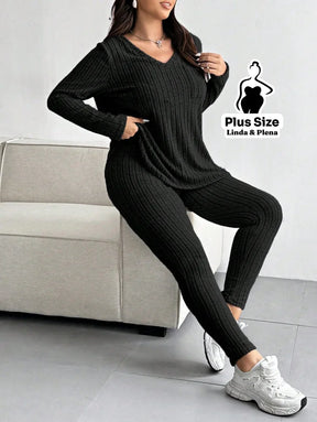 Conjunto Canelado Com Blusa Gola V E Manga Longa Plus Size Conjunto Canelado Com Blusa Gola V E Manga Longa Plus Size