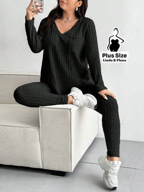 Conjunto Canelado Com Blusa Gola V E Manga Longa Plus Size Conjunto Canelado Com Blusa Gola V E Manga Longa Plus Size