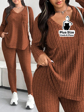 Conjunto Canelado Com Blusa Gola V E Manga Longa Plus Size Castanho / G Conjunto Canelado Com Blusa Gola V E Manga