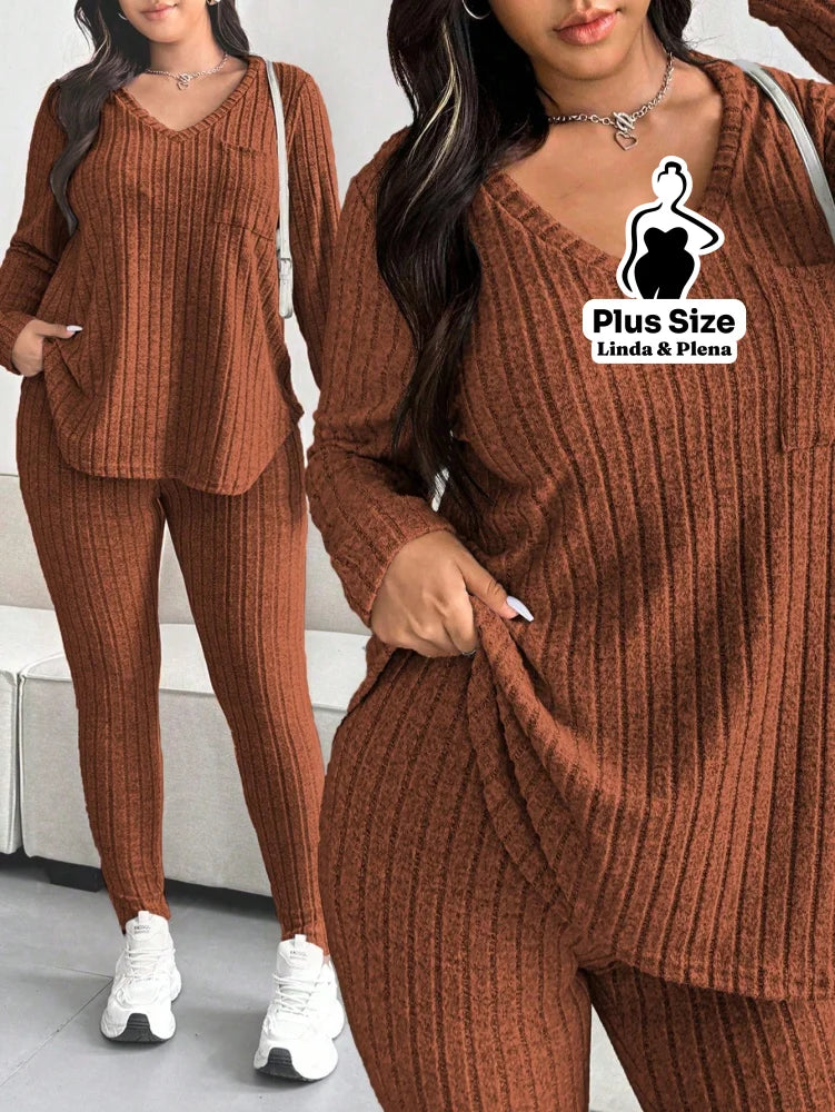 Conjunto Canelado Com Blusa Gola V E Manga Longa Plus Size Castanho / G Conjunto Canelado Com Blusa Gola V E Manga