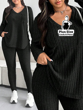 Conjunto Canelado Com Blusa Gola V E Manga Longa Plus Size Preto / G Conjunto Canelado Com Blusa Gola V E Manga Longa