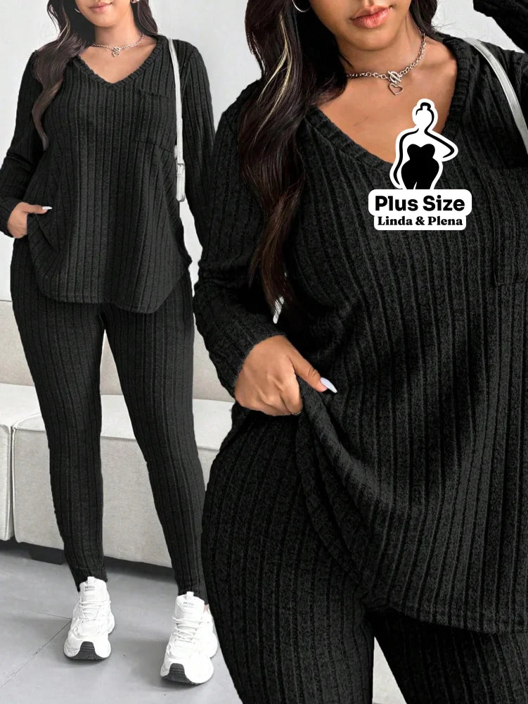Conjunto Canelado Com Blusa Gola V E Manga Longa Plus Size Preto / G Conjunto Canelado Com Blusa Gola V E Manga Longa