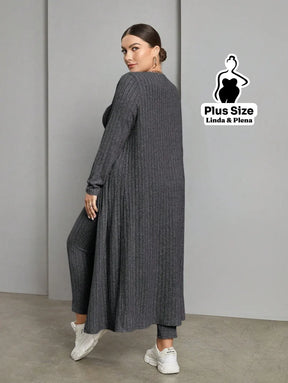 Conjunto Canelado Com Cropped Calça E Cardigan Longo Plus Size Conjunto Canelado Com Cropped Calça E Cardigan Longo