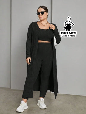 Conjunto Canelado Com Cropped Calça E Cardigan Longo Plus Size Conjunto Canelado Com Cropped Calça E Cardigan Longo