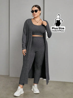 Conjunto Canelado Com Cropped Calça E Cardigan Longo Plus Size Conjunto Canelado Com Cropped Calça E Cardigan Longo