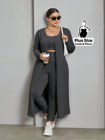 Conjunto Canelado Com Cropped Calça E Cardigan Longo Plus Size Chumbo / G Conjunto Canelado Com Cropped Calça E