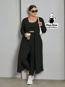 Conjunto Canelado Com Cropped Calça E Cardigan Longo Plus Size Preto / G Conjunto Canelado Com Cropped Calça E Cardigan